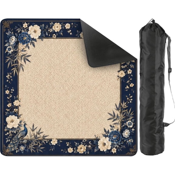 Navy Blue Peony Peacock Mahjong Mat – 31.5x31.5 Inch Noise-Reducing Anti-Slip Table Cover with Carrying Bag, Soft Surface for Mahjong, Poker, Board Games & Dominoes