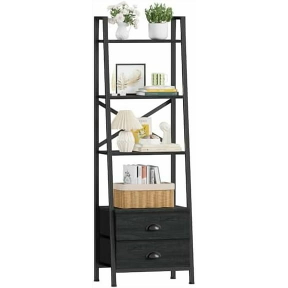 4-Tier Ladder Shelf,Small Bookshelf with 2 Drawers,Vertical Bookcase Storage Rack Organizer,Display Bookshelves for Living Room,Bedroom,Bathroom,Home Office,Kitchen,Rustic Brown,Black Oak