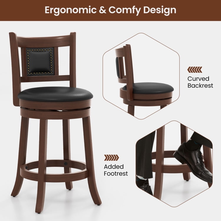 Demi Bonn 25.5" Set of 2 Upholstered Bar Stools with Curved Backrest and Footrest, Modern Kitchen Dining Chair, Brown
