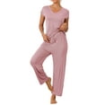 thumbnail image 2 of INSPIRE CHIC Women's Short Sleeve Modal Casual Set Pajama 2 Piece Loungewear Long Pants Sweatsuit L Pink, 2 of 6