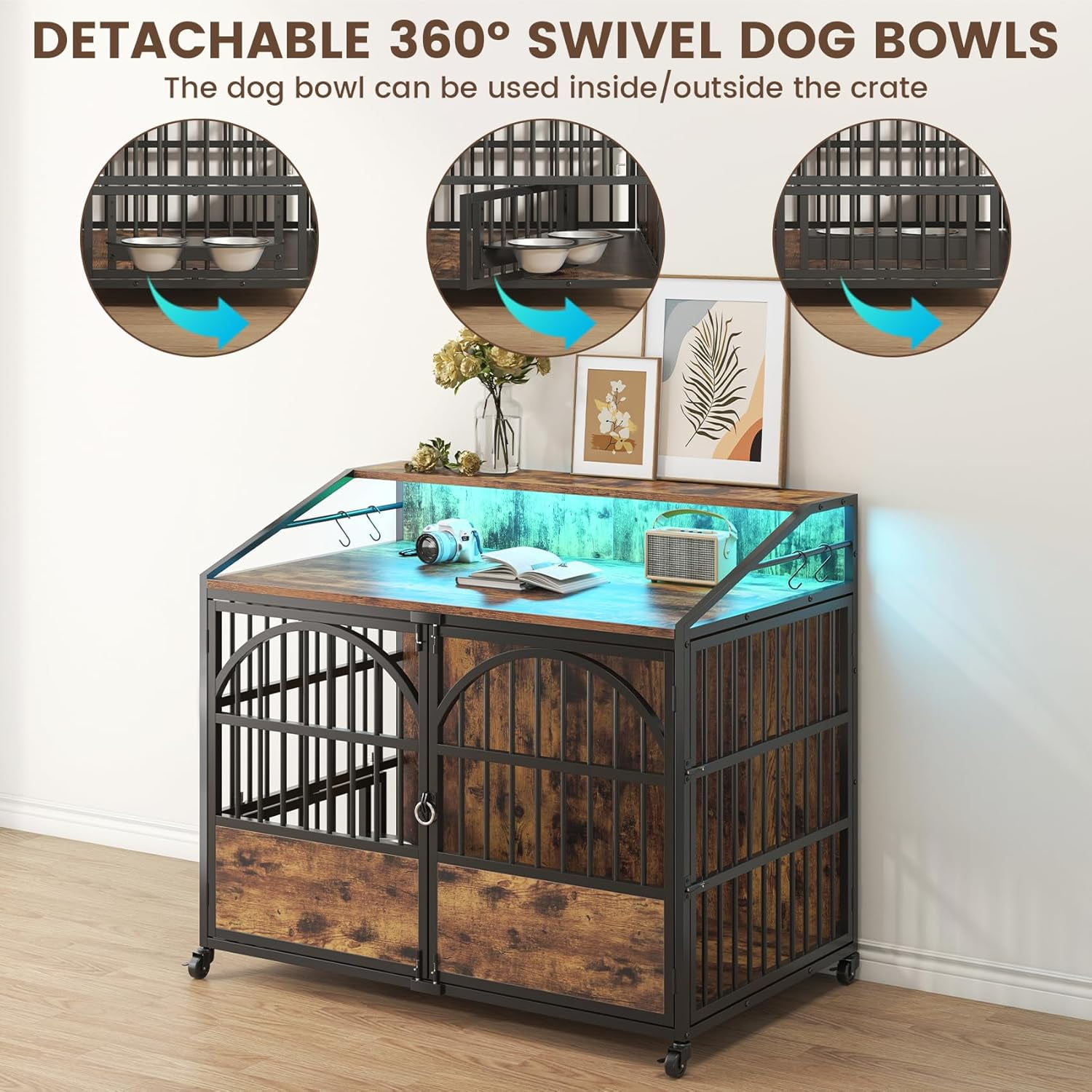 Frmobepts 44 Inch Wooden Dog Crate Furniture,Double-Doors Kennel Indoor with Bowls and Led Light,End Table Dog Crate for Decoration,Brown