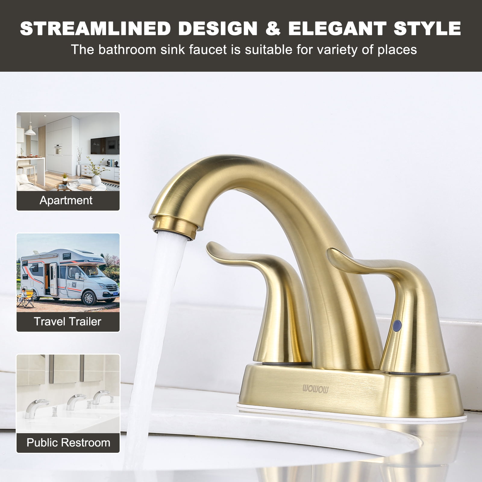 WOWOW Bathroom Faucet Brushed Gold 4 Inch Basin Faucet Centerset Vanity Faucet