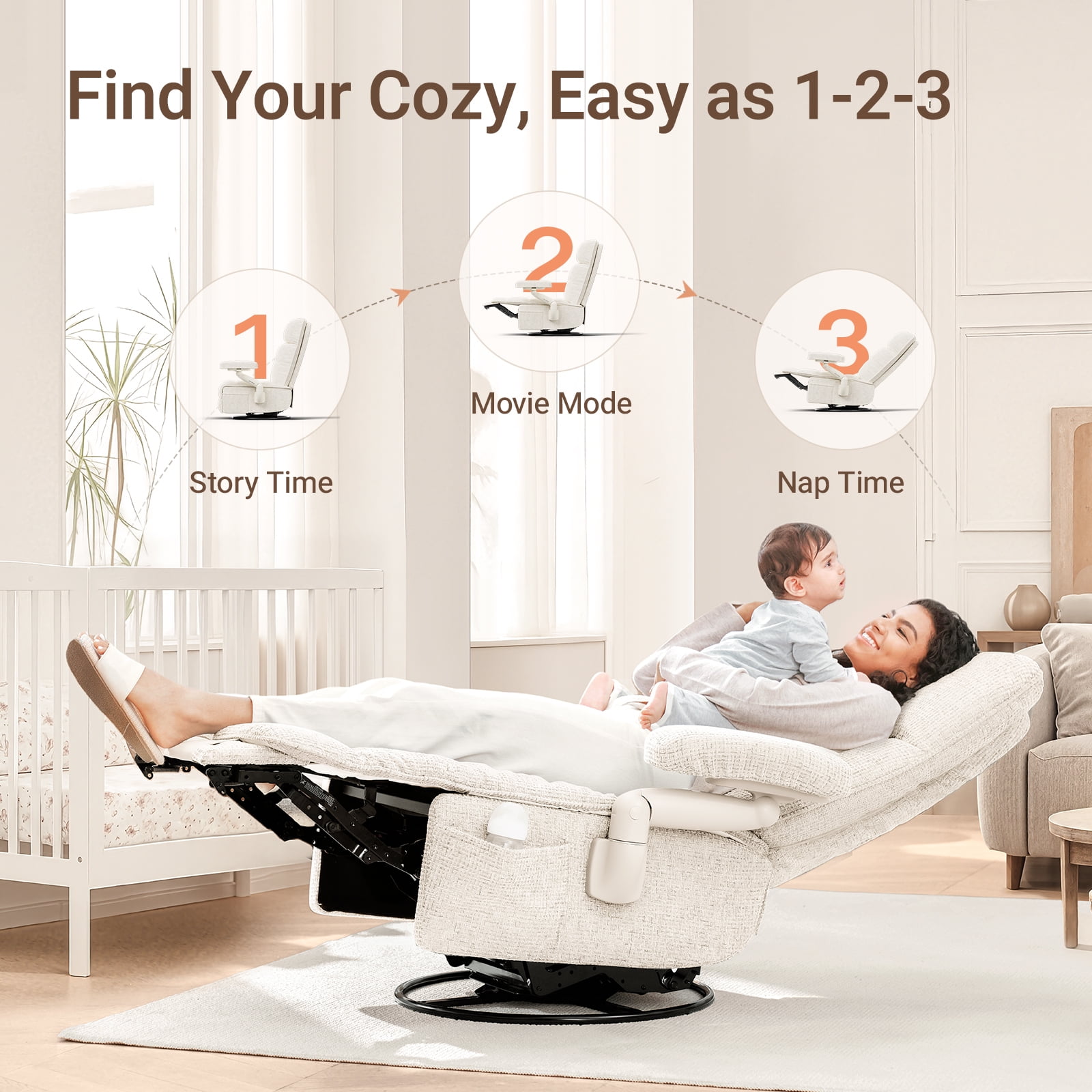 MAMAZING Nursery Chair Silent Rocking Ergonomic Removable Swivel Glider Recliner, Adjustable Armrests & Headrest, White