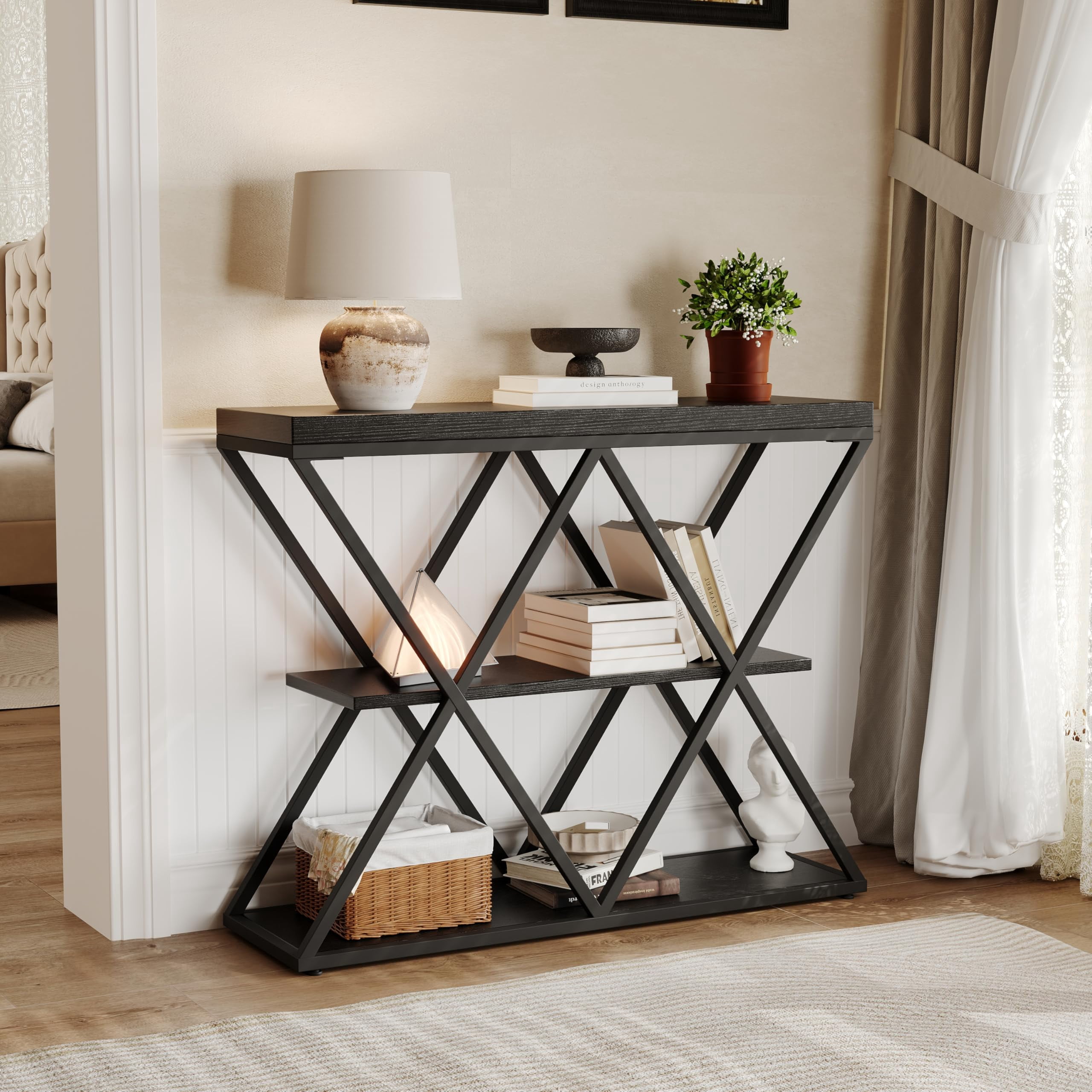 3-Tier Industrial Entryway Console Table - X-Shaped Metal Frame & Open Storage Shelves, Ideal Hallway Accent Table