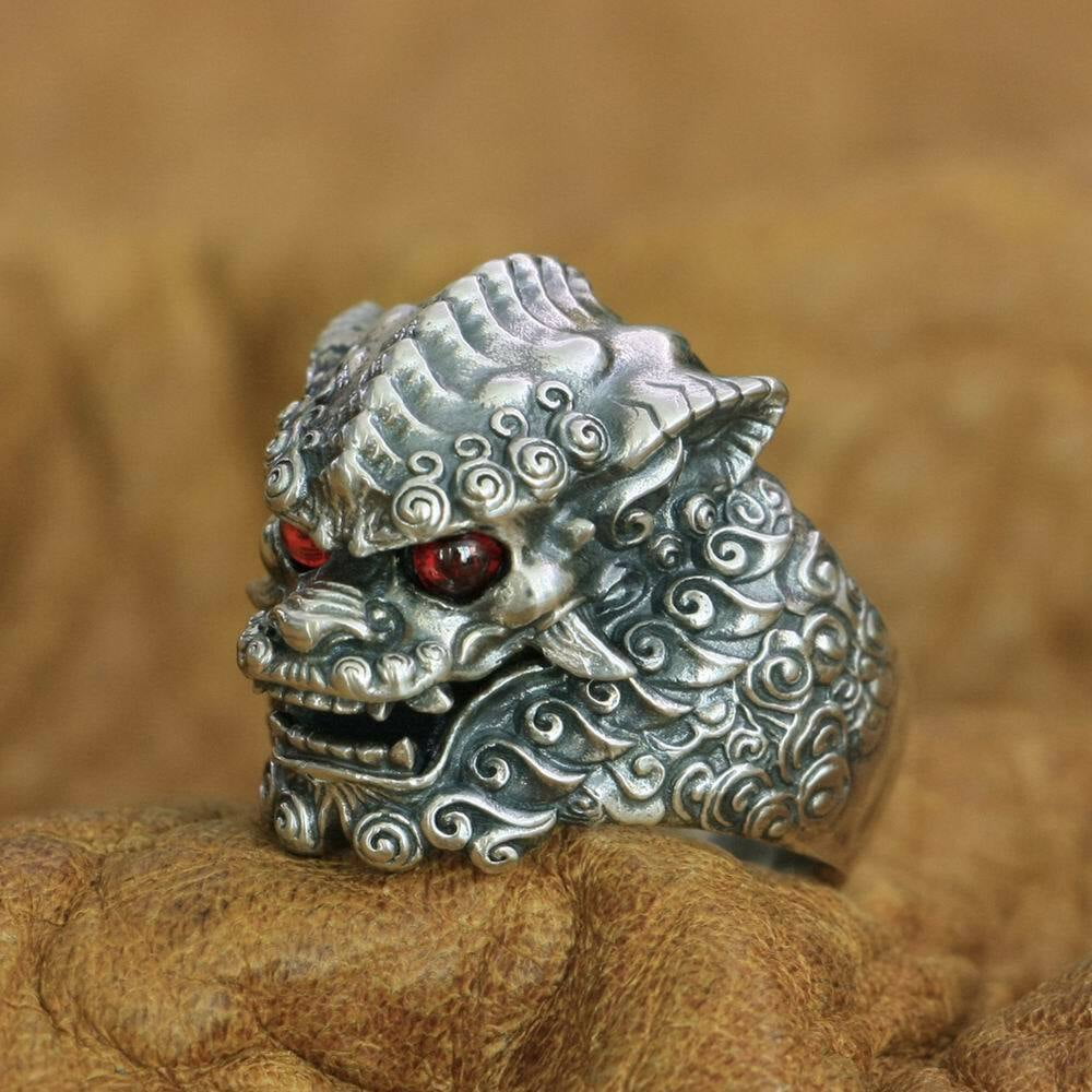圈圈 袁　 Red CZ Eyes 925 Sterling Silver Chinese Style Lion Ring Punk