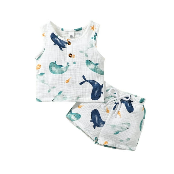3 Months Baby Boys Clothes 6 Months Boys 2PCS Summer Outfits Set Dolphin Print Crew Neck Infant Boys Sleeveless Top Shorts Set White