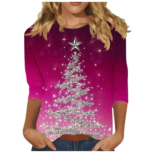 Lcziwo 3/4 Sleeve Tops for Women Round Neck Christmas Holiday Shirts Xmas Giltter Tree Print Loose Blouses 2025 Fal Fashion Casual Tees Hot Pink,M