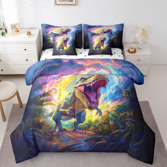 Homewish Wild Dino 7-Piece Twin Bedding,Jungle Animal Bedding Comforter Set,Multicolor,Polkadot Reversible