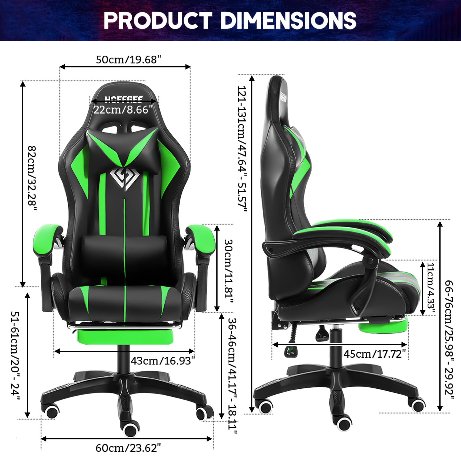 Hoffree Gaming Chair with Massage PU Leather Office Chair with Footrest and LED Light Ergonomic Gamer Chair Lumbar Support Adjustable Headrest High Back Computer Desk Chair for Home Office