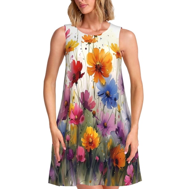 Balery Colorful Wildflower Meadow Vestidos de verano para mujer con estampado: vestido holgado sin mangas, vestido playero informal y cómodo para días calurosos.