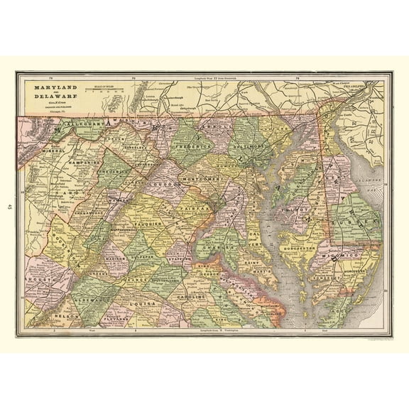 Historic State Map - Maryland Delaware - Cram 1888 - 31.65 x 23 - Vintage Wall Art