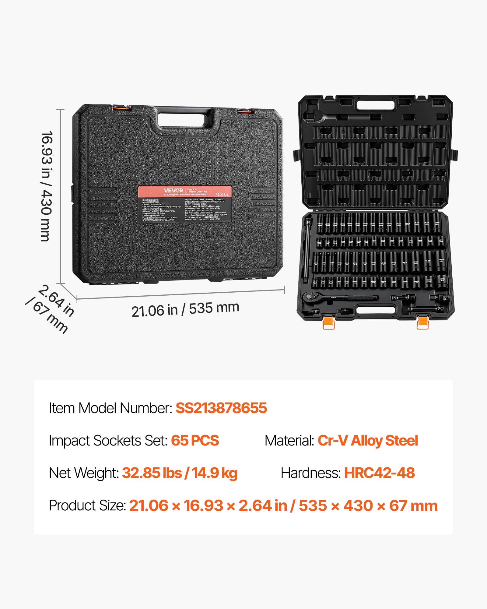 VEVOR Impact Socket Set, 1/2" Drive, 65-Piece Socket Set, 6 Point Sockets, SAE 3/8" to 1-1/4" and Metric 10-24 mm, Easy to Identify, with a Sturdy Storage Case, Cr-V Alloy Steel for Vehicles Repair