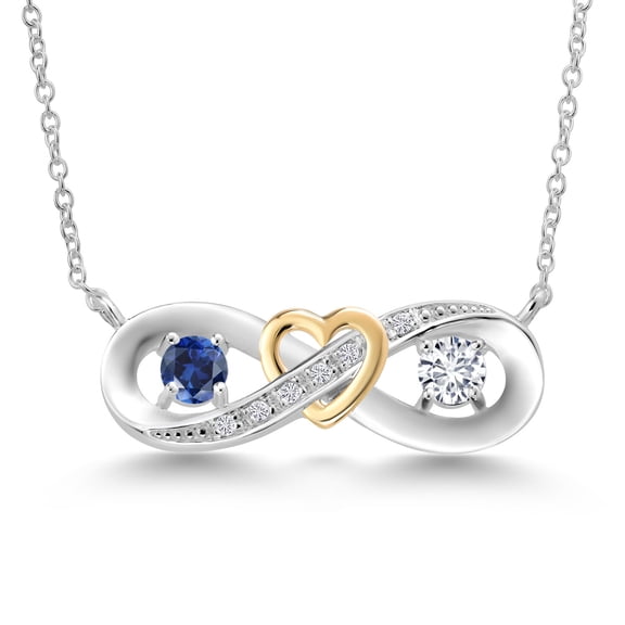 925 Silver and 10K Yellow Gold Blue Created Sapphire and White Lab Grown Diamond Necklace Necklace for Women (0.58 Cttw, Gemstone September Birthstone, Round 4MM, with 18 inch Silver Chain)