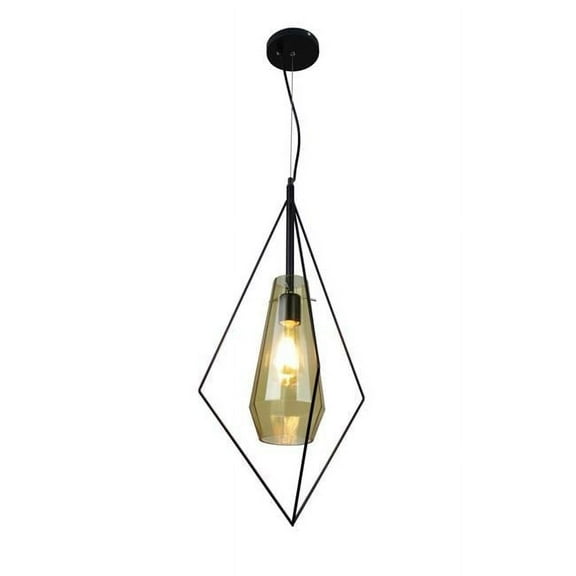 EQLight EQPBGR10 26 x 13 in. Itzia 1-Light Black Rhombus Pendant with Amber Glass Shade