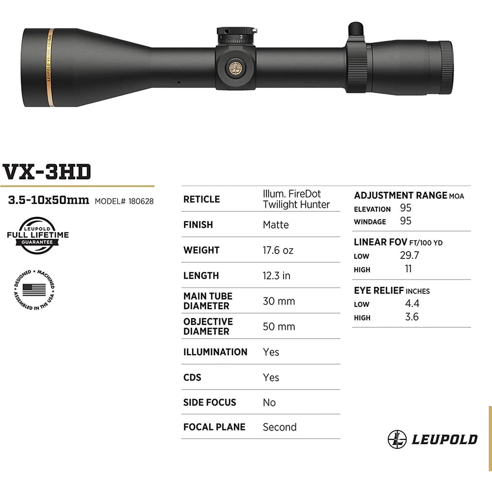 LEUPOLD VX-3HD 3.5-10x50 30mm CDS-ZL Illuminated FireDot Twilight Hunter Riflescope (180628)