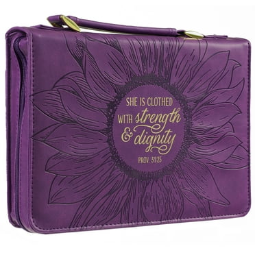 Christian Art Gifts Women's Fashion Bible Cover Strength and Dignity Proverbs 31:25, Purple/Gold Sunflower Faux Leather, Medium