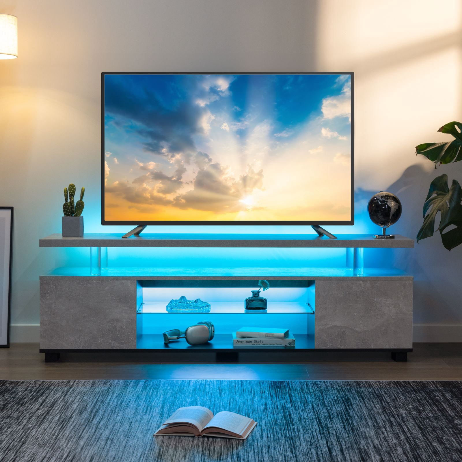 Cubehom 63'' LED TV Stand Entertainment Center with Storage Wood Gaming TV for 70 inch TV, Gray