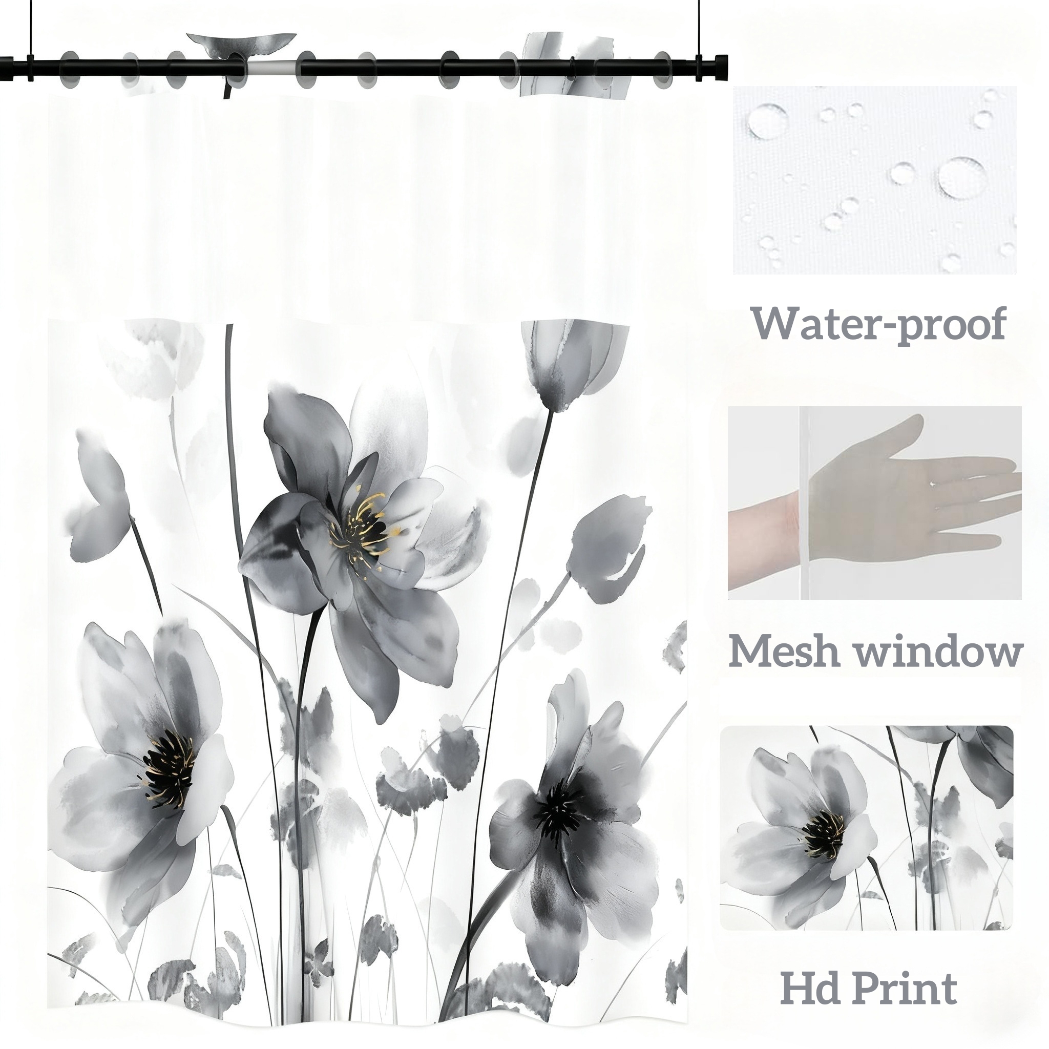 NIUBIER No Hook Boho Floral Shower Curtain Set with Snap-in Liner, Black Watercolor Flower Fabric Bathroom Curtain with See-Through Top Window, 71"X74"