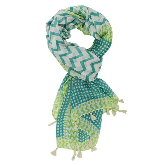 Teal & White Chevron Lightweight Scarf With Tassel Trim