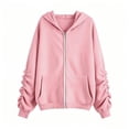 thumbnail image 4 of Girls Solid Color Ruched Sleeve Zip Up Hoodie Jacket, Casual Fleece Lined Pocket Hooded Sweatshirt for Kids Fall Winter Daily Wear(Pink,8-9 Years), 4 of 5