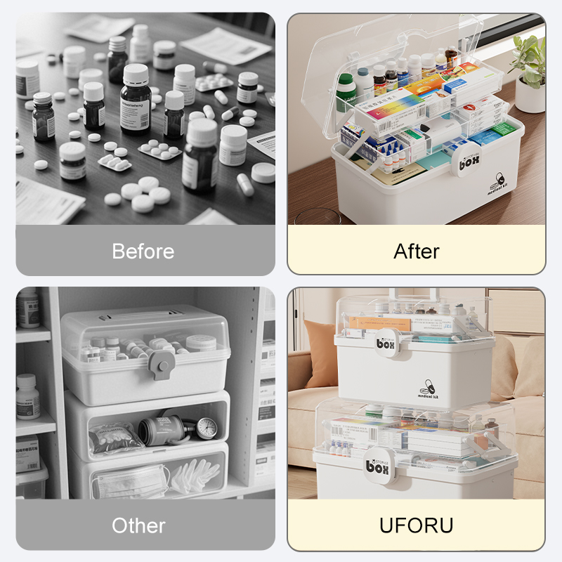 3-Tier Medicine Box Organizer, Large Capacity with Transparent Lid & Lock, Portable Medication Organizer for Home and Travel Use, 7.28"L x 13.38"W x 9.44"H