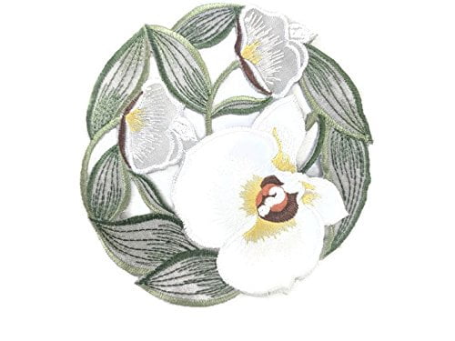 Doily Boutique Easter Place Mat or Doily Round with White Orchids and Green Gray Leaves Size 15 inches