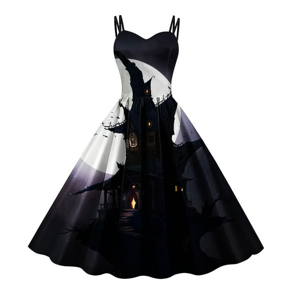DQRPSEETB Women's Halloween Printed Vintage Dresses for Women Suitable Sleeveless Knee Length Retro A Line Flared Swing Formal Prom Party Dress