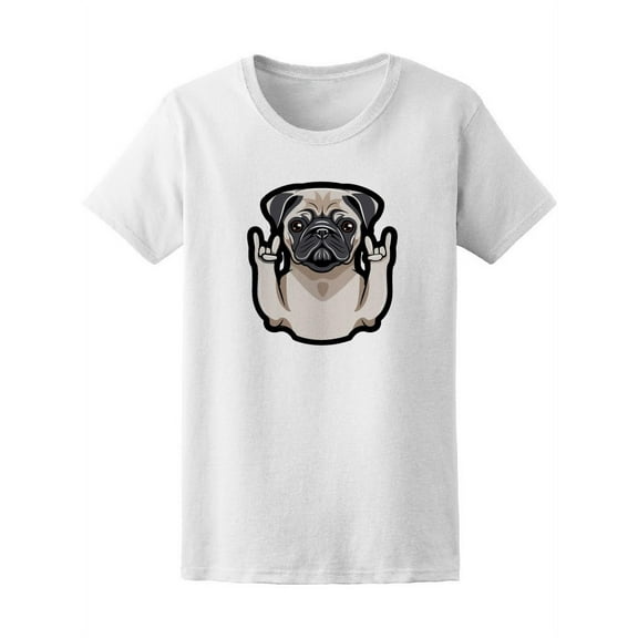Cute Portrait Pug Dog Rock Hand T-Shirt Women -Image by Shutterstock, Female Large