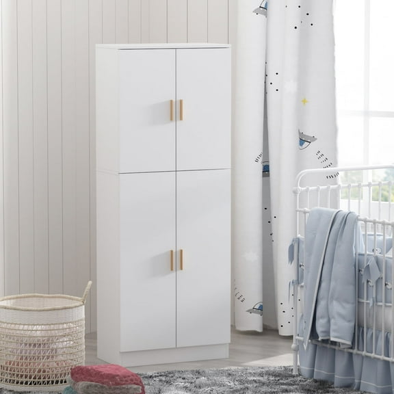 KULAGAGA Freestanding 4 Doors Kitchen Pantry, 5-Tier Wood Storage Cabinet with Adjustable Shelves, Kitchen Cupboard Floor Cabinet for Living Room, White