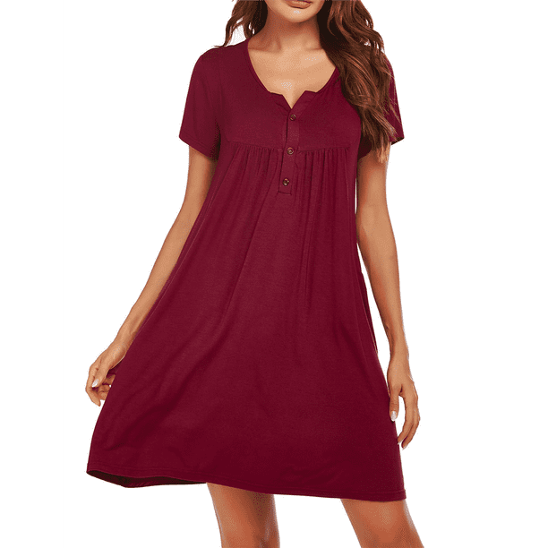 Camisones para Mujer, de Corta, con Bolsillos y Estampado Floral. Rojo Vino XXL