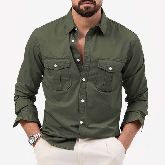 Mens Solid Cargo Button Down Shirt, Lapel Long Sleeve Double Chest Pocket Shirts, Soft Cotton Fabric for Business Daily Wear and Casual Outfits Multicolor L