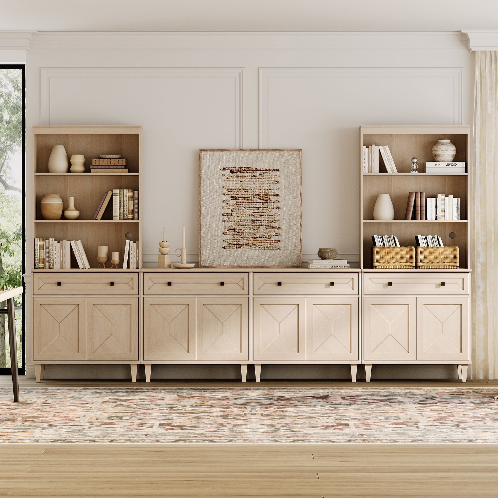 WAMPAT Patchwork 126" TV Stand with Cabinets and Shelves for 70" TV,Beige