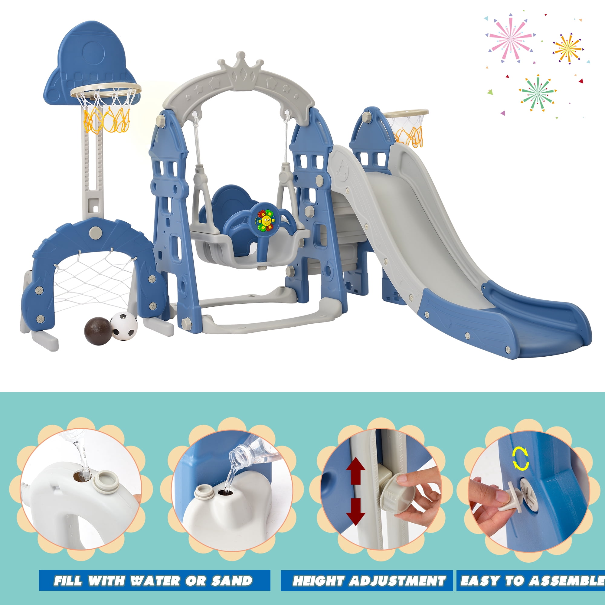 EUROCO 6 in 1 Toddle and Swing Set with Adjustable Swing and Slide Height, Rocket Swing Set with Basketball Stand
