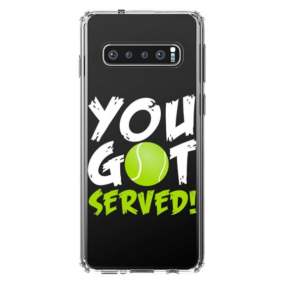 DistinctInk Clear Shockproof Hybrid Case for Samsung Galaxy S10 (6.1" Screen) - TPU Bumper Acrylic Back Tempered Glass Screen Protector - You Got Served Tennis
