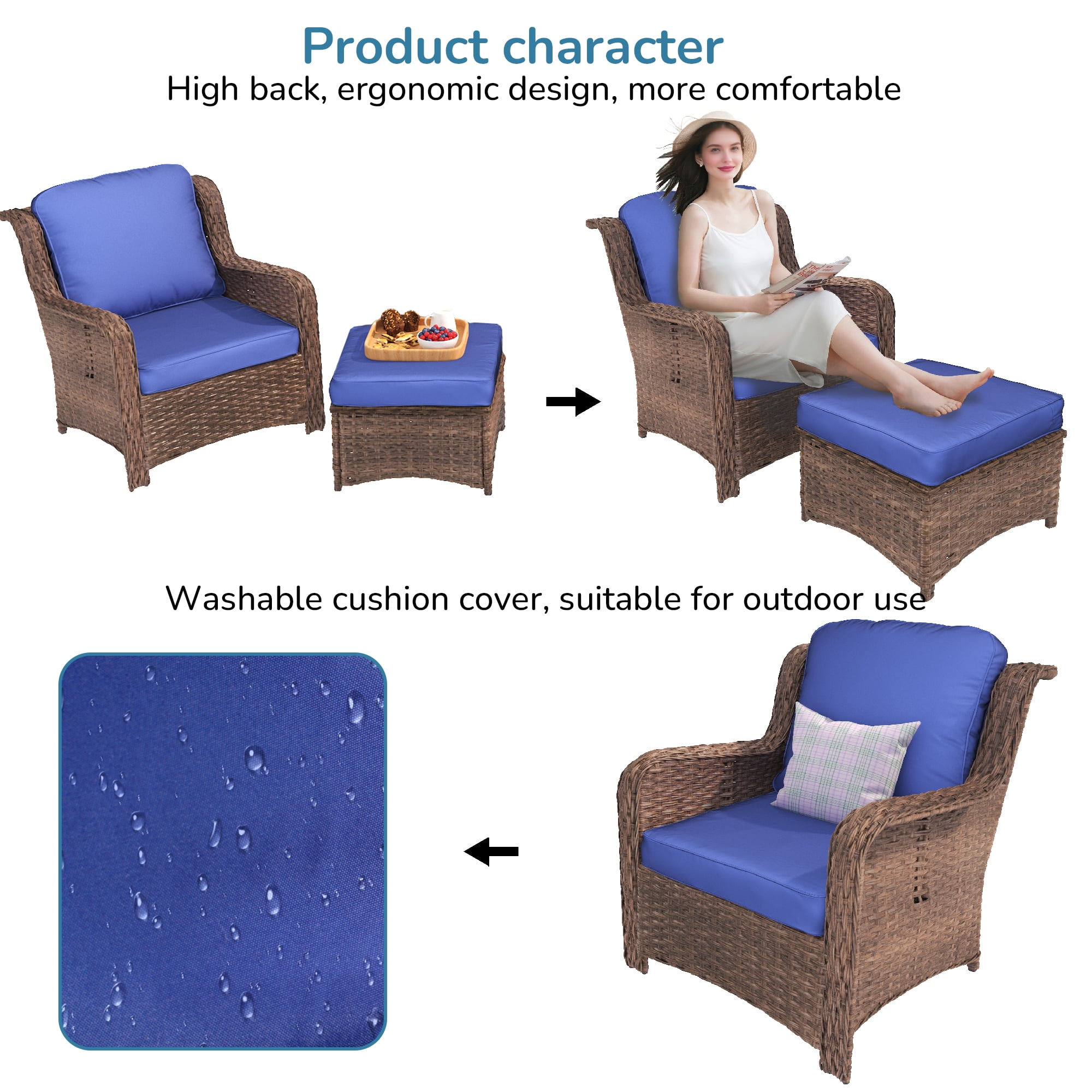 Hzzkey Patio Furniture Set, 5 Pieces Outdoor Sectional Sofa Set, All-Weather Wicker Rattan High Back Patio Conversation Set with Ottoman for Poolside, Backyard, 4.33" Thick Cushions, Navy Blue