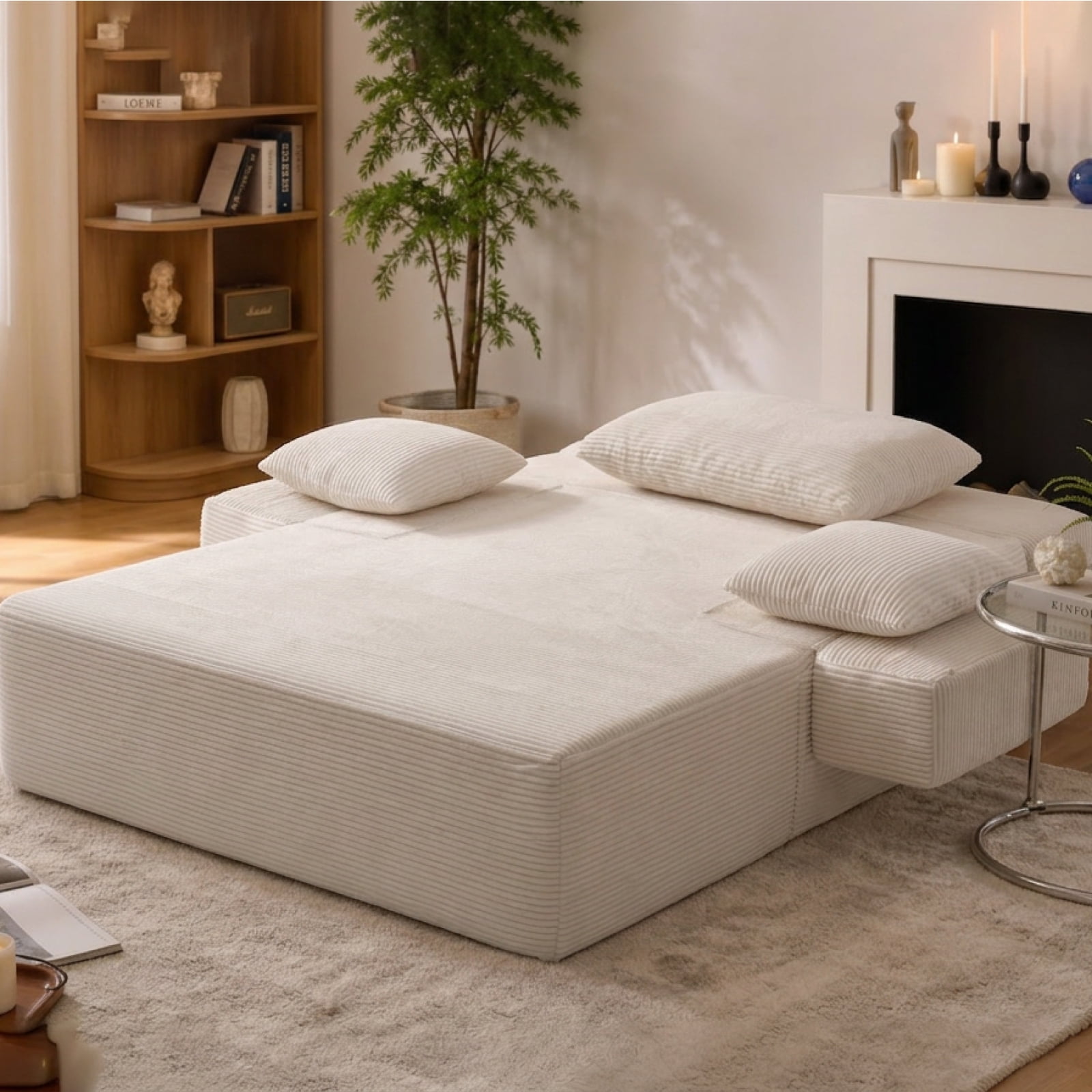 48" Wide Luxurious Corduroy Chaise Lounge with 3 Pillows, 71" Convertible Sofa Bed with Storage Pocket and Cup Holders
