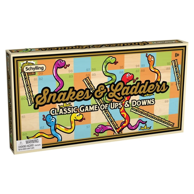 juego de mesa schylling snakes & ladder a partir de 3 años para niños y niñas caja frontal con tablero ilustrado, serpientes de colores y escaleras; incluye logo Schylling y texto promocional, ideal para aprender a contar y juegos en fiestas.