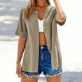 thumbnail image 2 of Yubnlvae Short Sleeve Linen Shirt - Women's Collarless Button-Down Top, Breathable Casual Oversized T-Shirt Style Blouse (Khaki | 3XL), 2 of 5