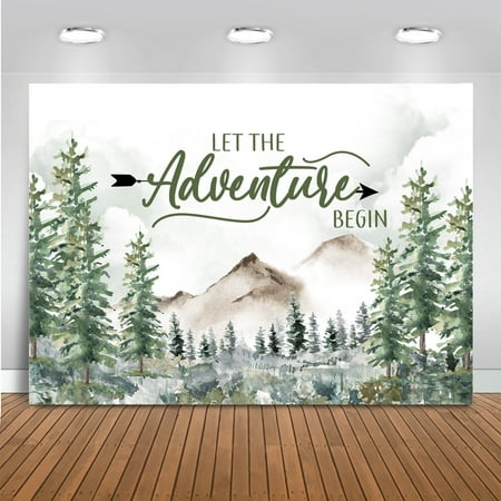 Image of Adventure Awaits Baby Shower Backdrop Mountain Wilderness Adventure Woodland Animals Photography Background Let The Adventure Begin Party Backdrop
