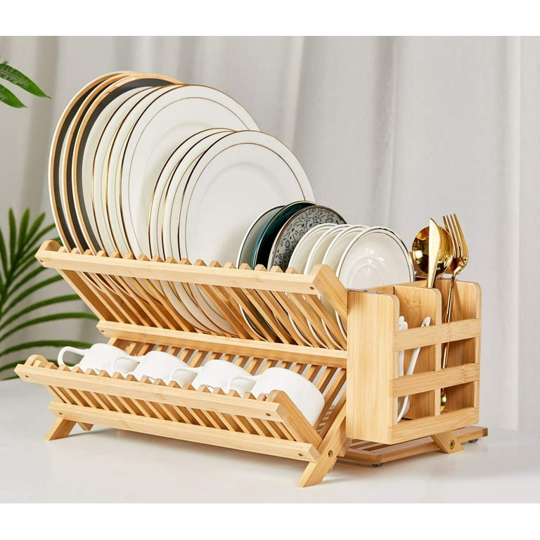 Bamboo Dish Drying Rack Utensil Holder Collapsible Wooden Dish Drainer Rack  2-Tier Folding Drying Holder for Kitchen Counter