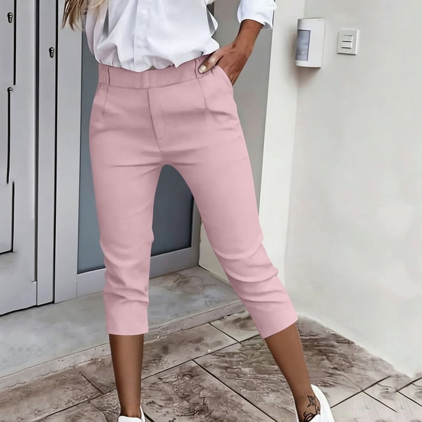 TaTaai Women's 7/8 Length Suit Pants Straight Leg Design with Double Side Pockets and Elastic Waistband Solid Color Casual Professional Trousers Gift