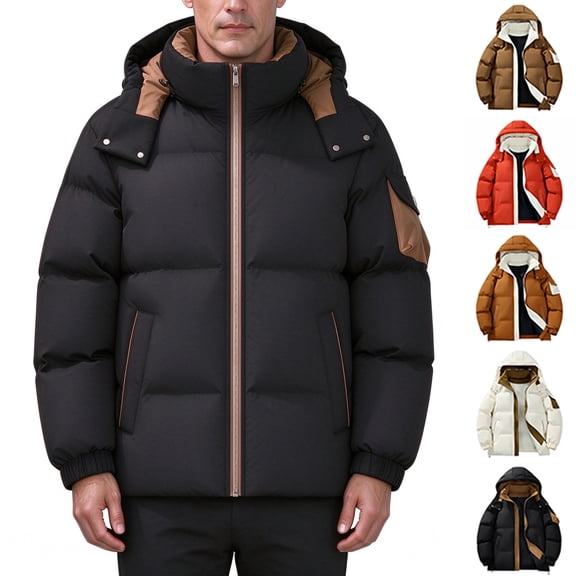 Winter Coats Puffer Jacket for Men Color Block Hooded Thick Quilted Insulated Winter Coat Zip Up Windproof Loose Fit Casual Snow Outerwear 5 Contrast Color Options Available