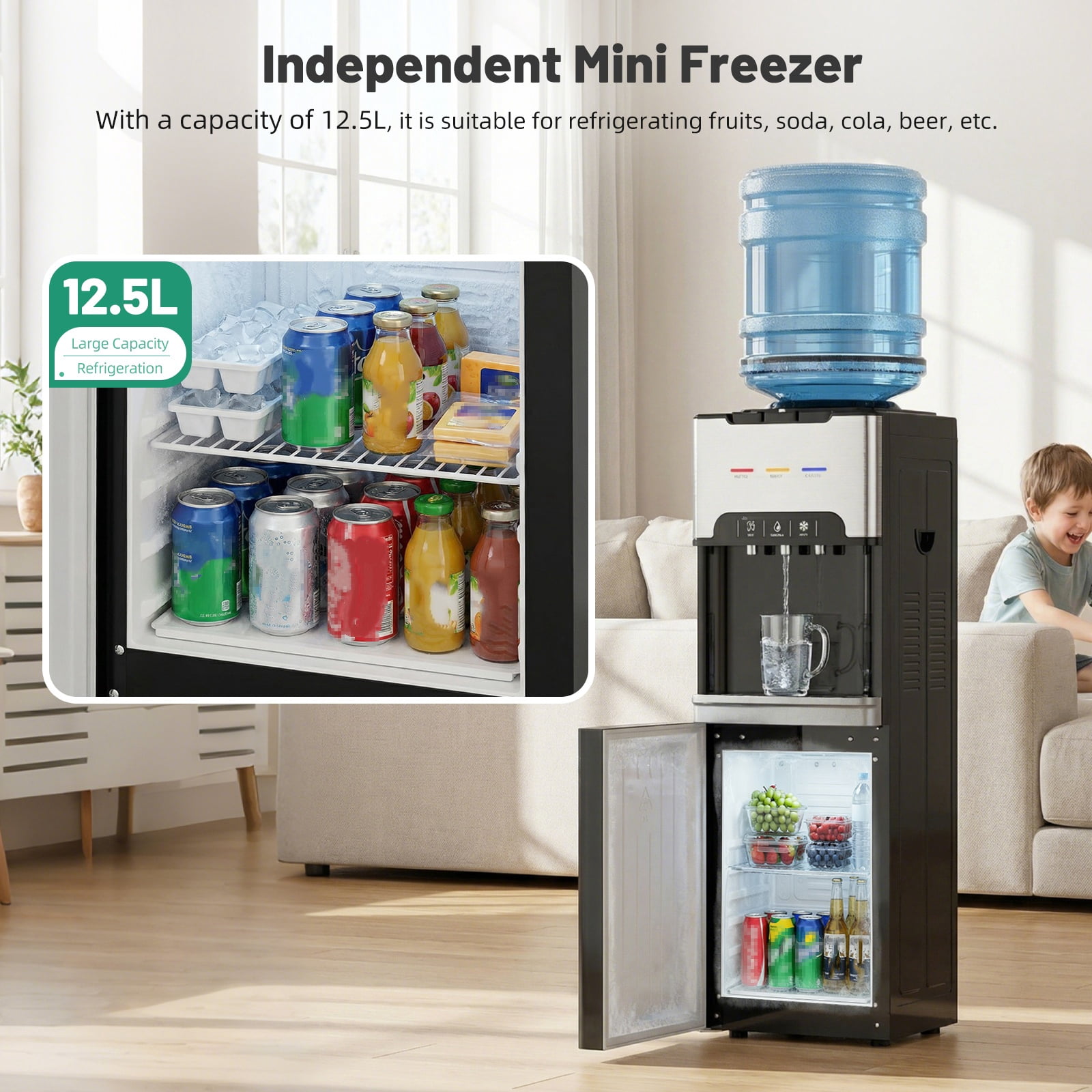 UMOMO 4-in-1 Water Cooler Dispenser with Freezer Cabinet, Hot & Cold & Room Temperature Top Loading Water Cooler for 3–5 Gallon Bottles, Child Safety Lock, Water Dispenser for Home, Office, Black