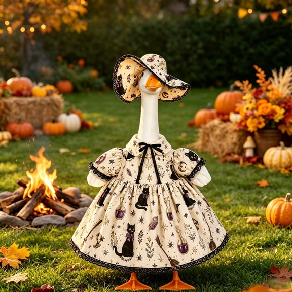 AZXY Halloween Porch Goose Outfit, 23 Inch Black Cat Witch Print Goose Clothes Dress Duck Clothes, Fits Cement Plastic Large Porch Goose Statue, Outdoor Yard Front Door Halloween Decorations