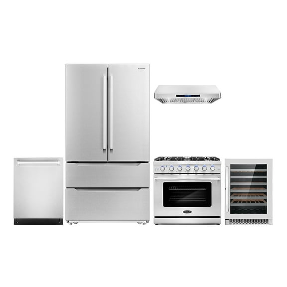 Cosmo 5 Piece Kitchen Appliance Package with 36" Freestanding Gas Range 36" Under Cabinet 24" Built-in Fully Integrated Dishwasher French Door Refrigerator & 48 Bottle Wine Refrigerator