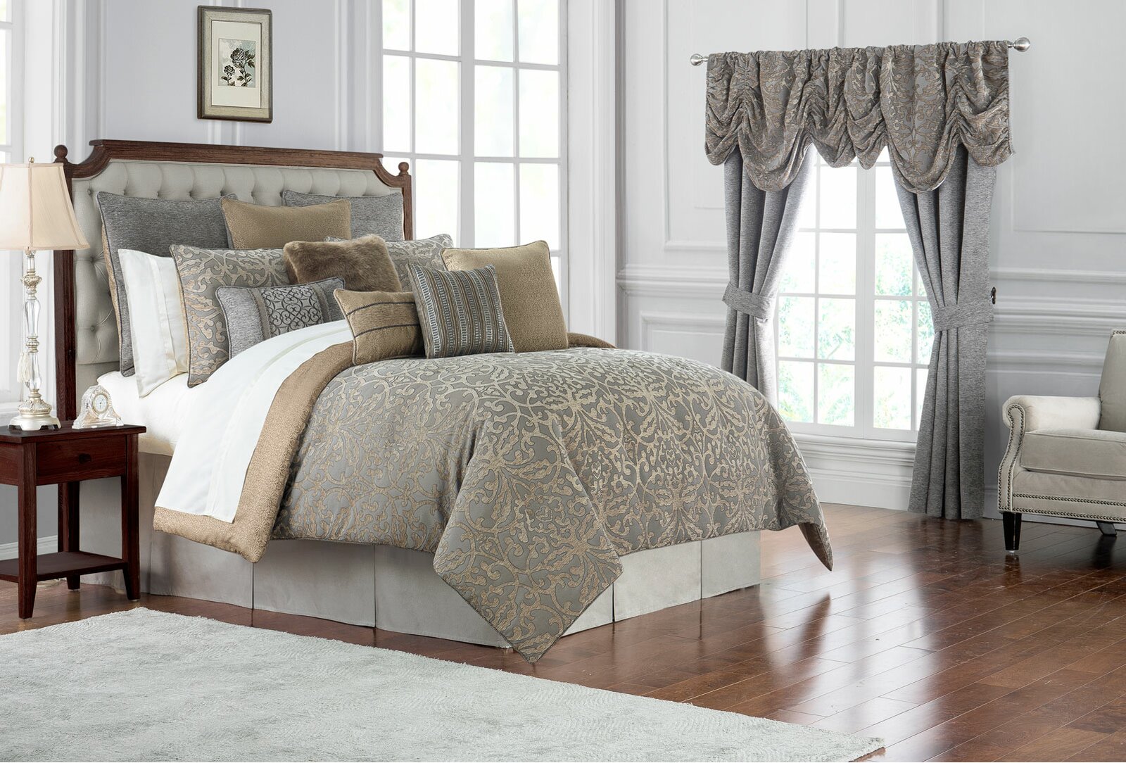 Carrick 4 Piece Reversible Comforter Set, Color Silver/Antique Gold, 1