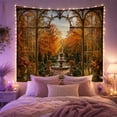 thumbnail image 2 of Stone Fountain in Autumn Garden Through Ornate Window, Romantic Rustic for Nature Lovers, Tranquil Botanical Wall Art, Housewarming Gift, Tapestry Wall Hanging for Living Room and Dorm, 2 of 7