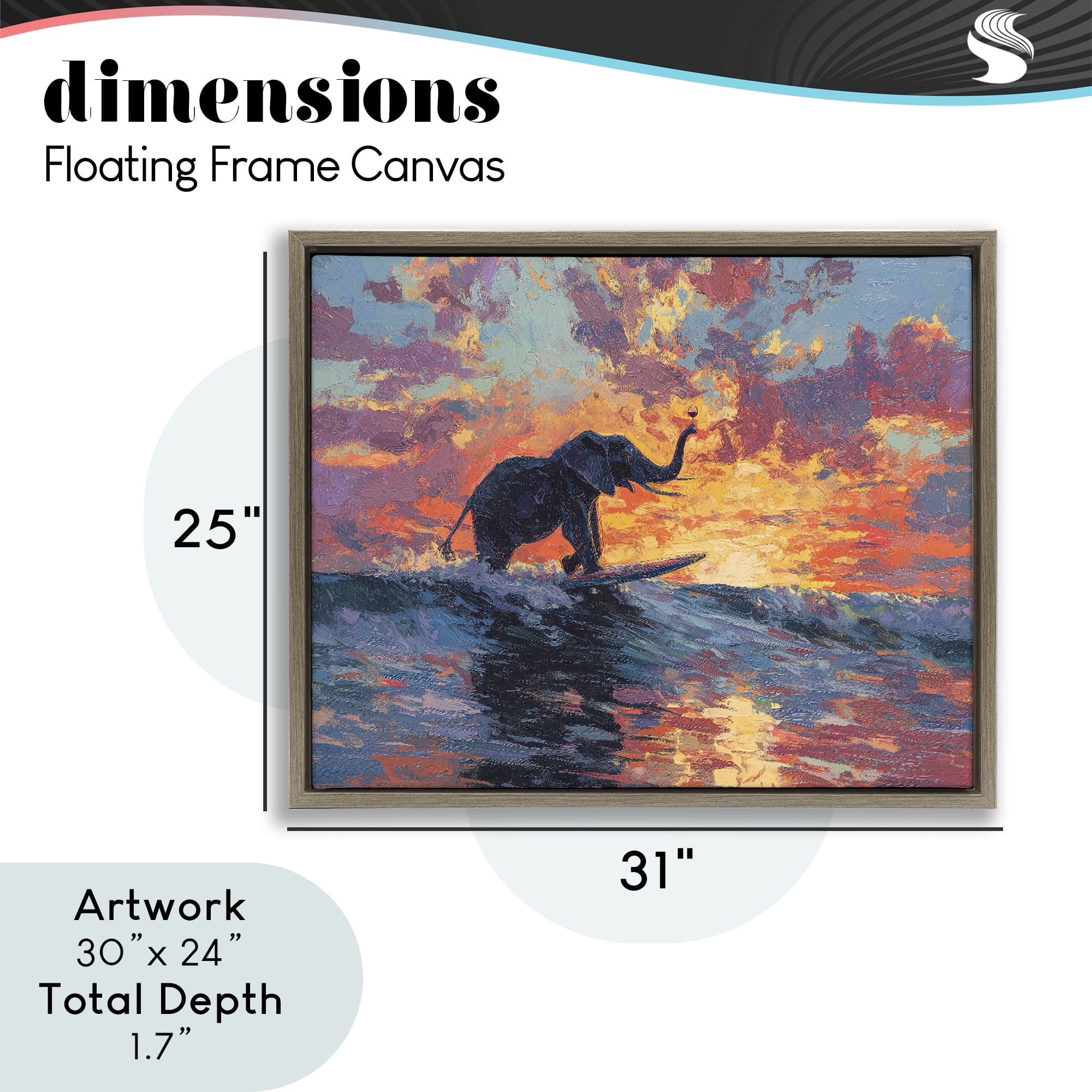 Sunset Surf Elephant Brown Framed Floater Canvas Wall Art, design by Ziwei Li