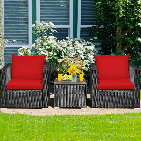 Gymax 3PCS Rattan Patio Conversation Furniture Set Outdoor w/ Red Cushions