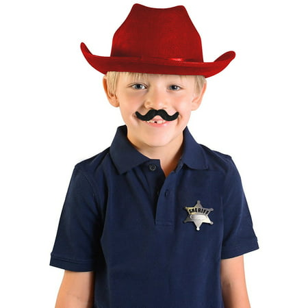 Child's Red Country Cow Boy Cowboy Hat With Mustache And Badge Accessory Kit